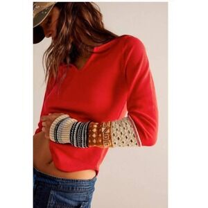 We The Free Red Long Sleeve Top with Patterned Sleeves